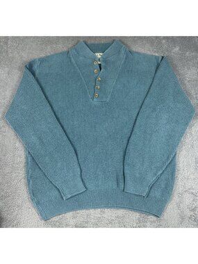 LL Bean Men's Henley Sweater Blue Cotton Ribbed Knit Fisherman USA Made Size L